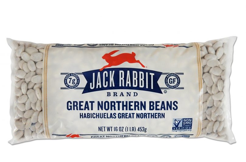 16 ounce bag of Jack Rabbit Brand Great Northern Beans. Clear bag with tan background and Jack Rabbit Logo.