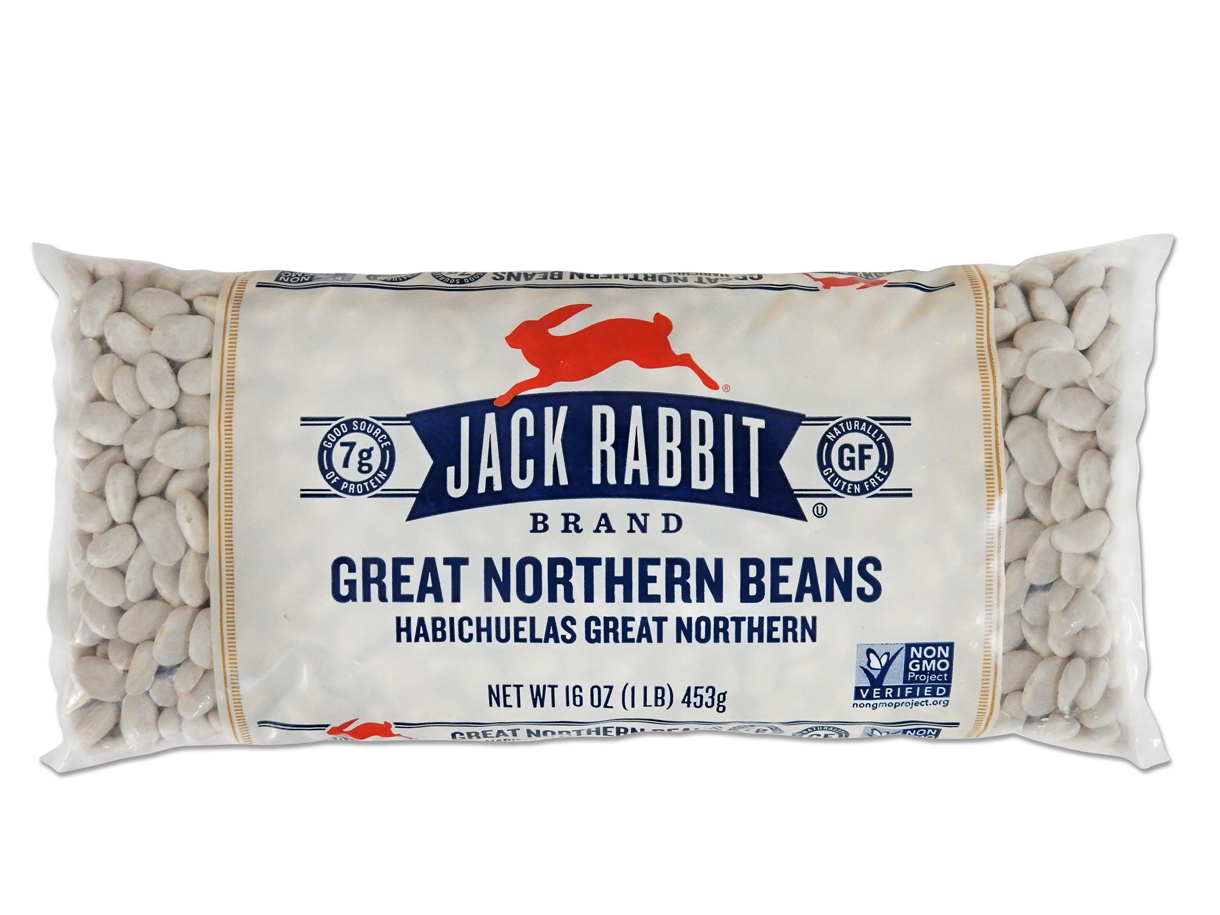 16 ounce bag of Jack Rabbit Brand Great Northern Beans. Clear bag with tan background and Jack Rabbit Logo.