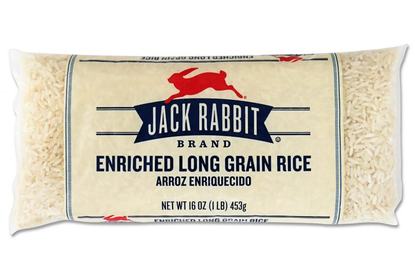 16 ounce bag of Jack Rabbit Brand Enriched Long Grain Rice. Clear bag with tan background and Jack Rabbit Logo.