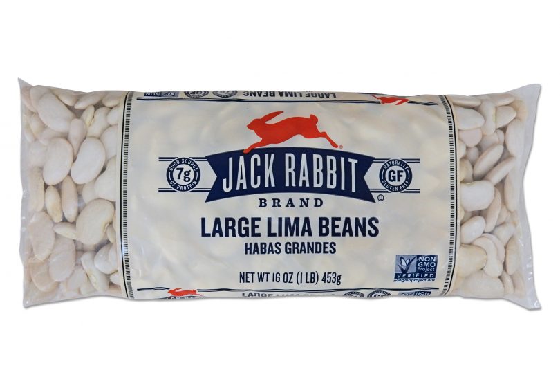 16 ounce bag of Jack Rabbit Brand Large Lima Beans. Clear bag with tan background and Jack Rabbit Logo.