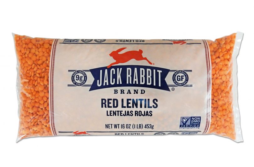 16 ounce bag of Jack Rabbit Brand Red Lentils. Clear bag with tan background and Jack Rabbit Logo.