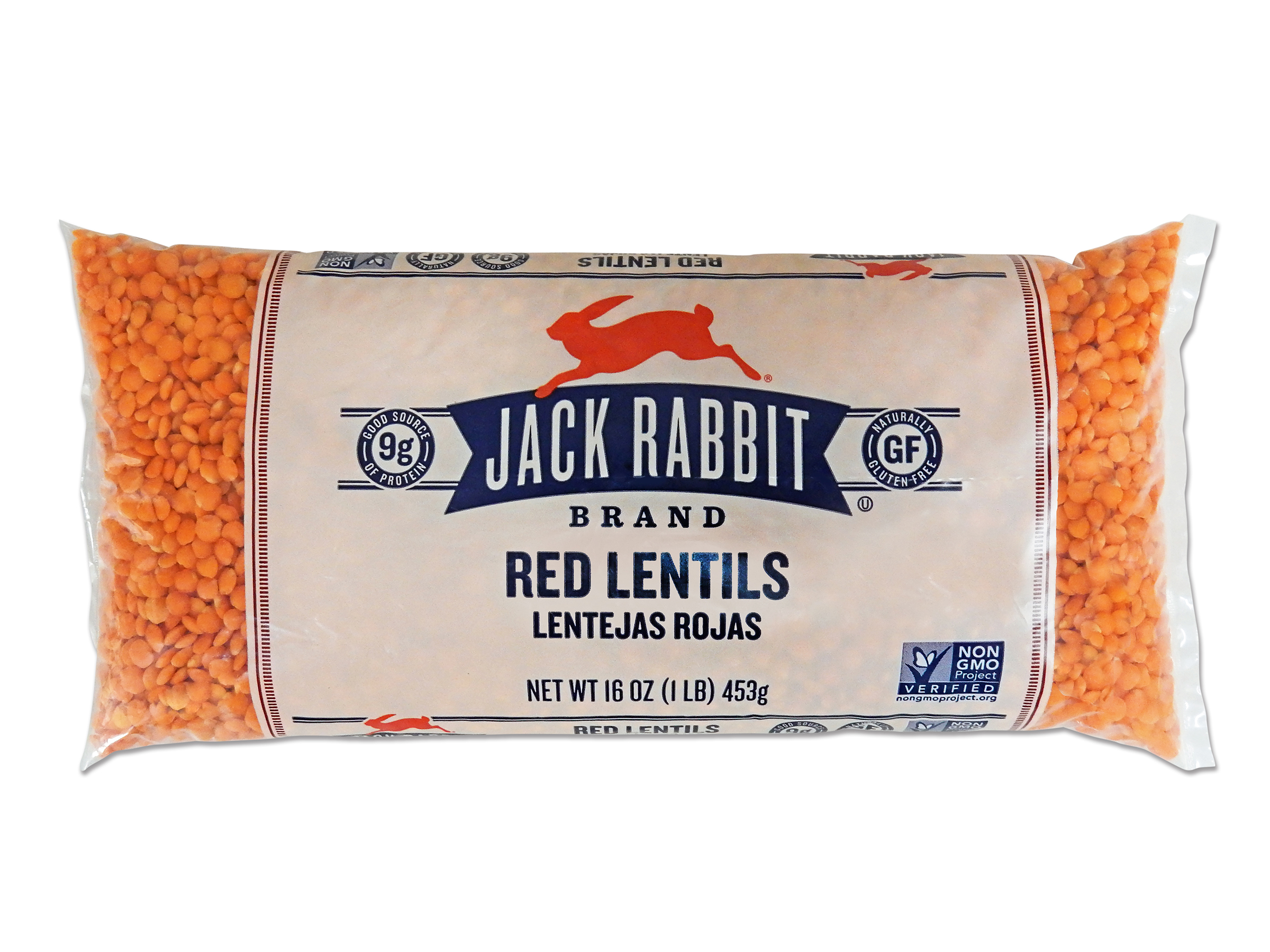 16 ounce bag of Jack Rabbit Brand Red Lentils. Clear bag with tan background and Jack Rabbit Logo.