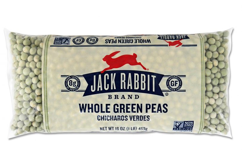 16 ounce bag of Jack Rabbit Brand Whole Green Peas. Clear bag with tan background and Jack Rabbit Logo.