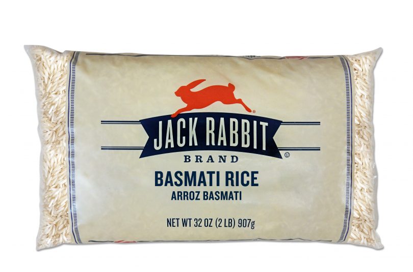 32 ounce bag of Jack Rabbit Brand Basmati Rice. Clear bag with tan background and Jack Rabbit Logo.