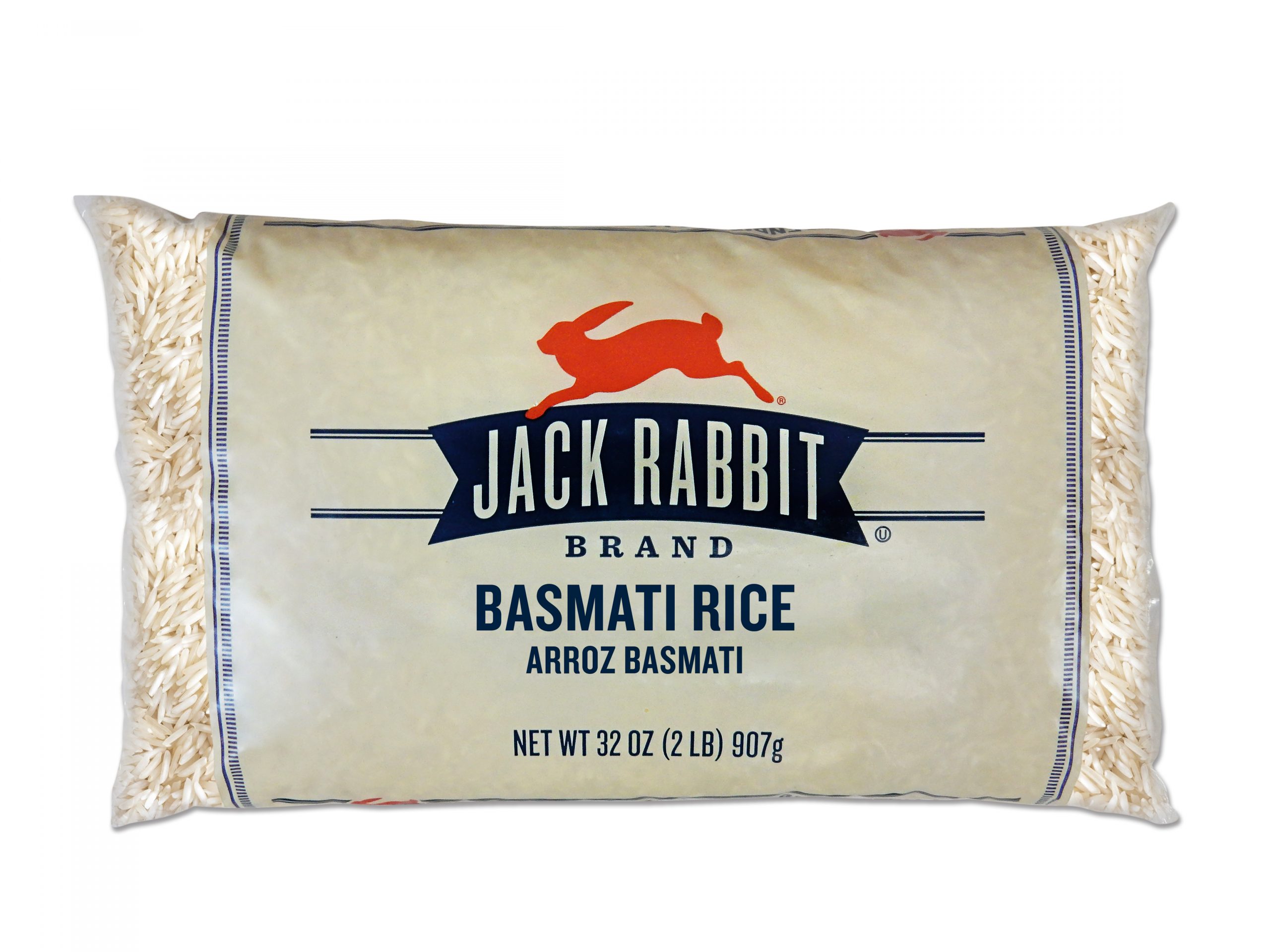 32 ounce bag of Jack Rabbit Brand Basmati Rice. Clear bag with tan background and Jack Rabbit Logo.