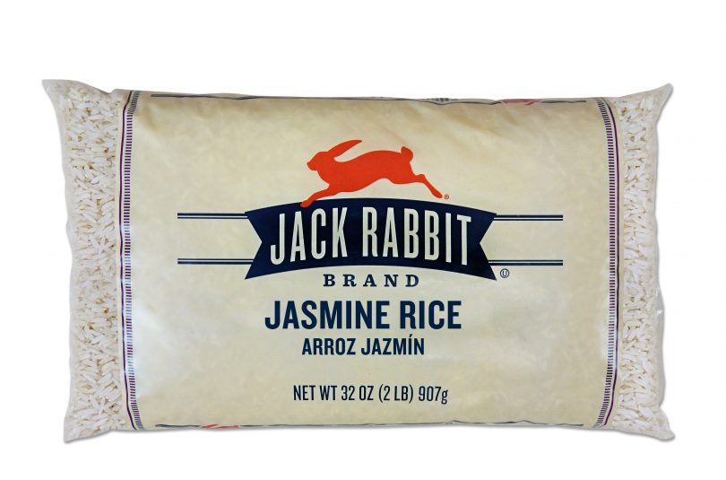 32 ounce bag of Jack Rabbit Brand Jasmine Rice. Clear bag with tan background and Jack Rabbit Logo.